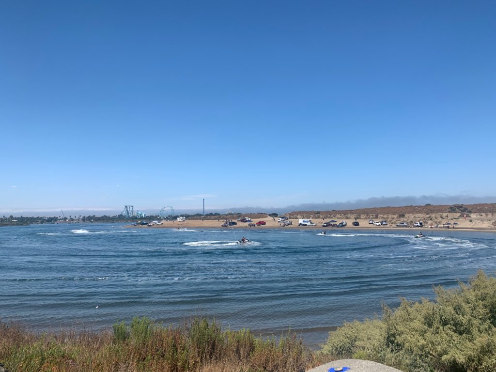 Group of jet skis near mission bay park. Seaworld in the background. 